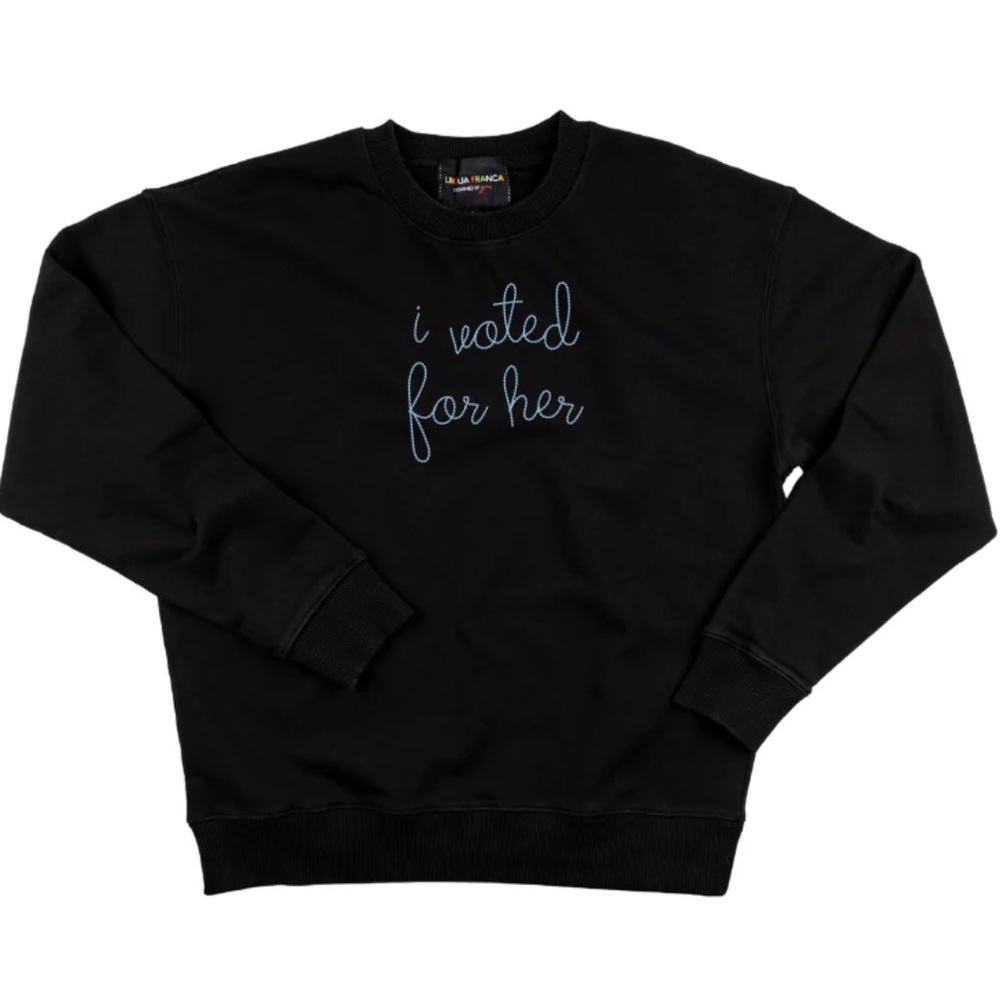 Lingua Franca I Voted for Her Sweatshirt Black with White Emb Large